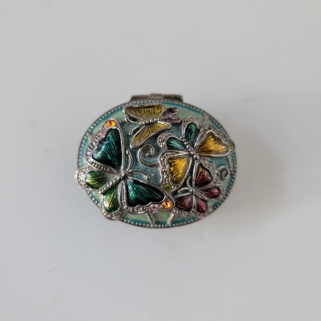 Vintage Monet Trinket Box Green Enameled Butterflies Oval 