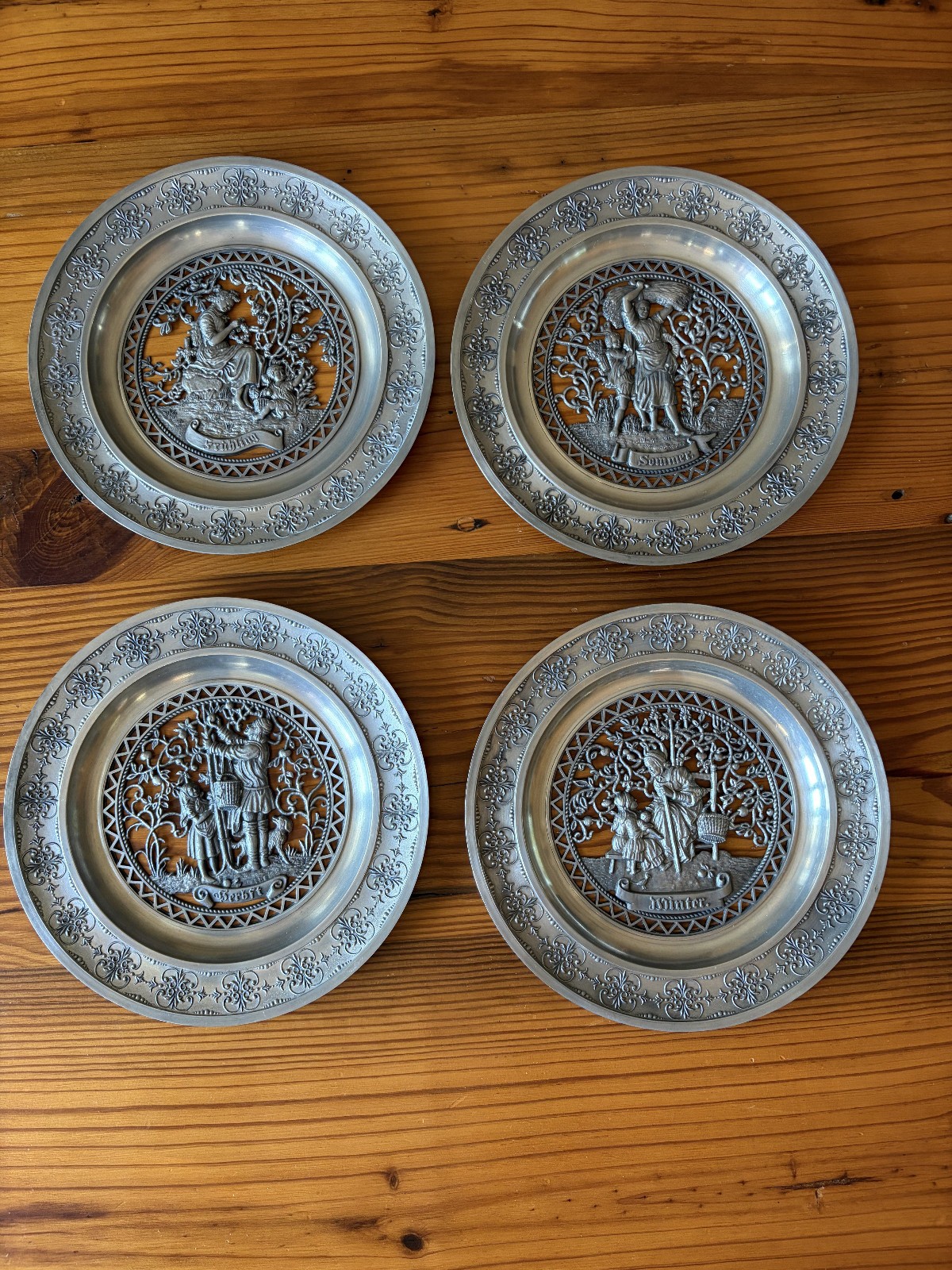 Set of 4 Vintage SKS Pewter Embossed and Open Work Plates~Four Seasons in German