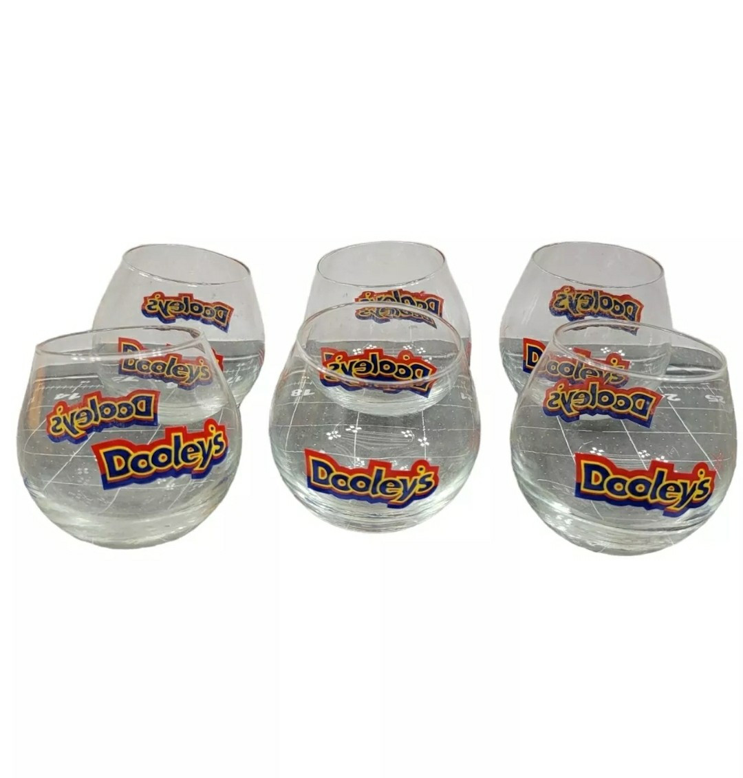 vintage 6 DOOLEY'S TOFFEE Rockers Liqueur Glasses w/ Box Swirling Round Bottoms