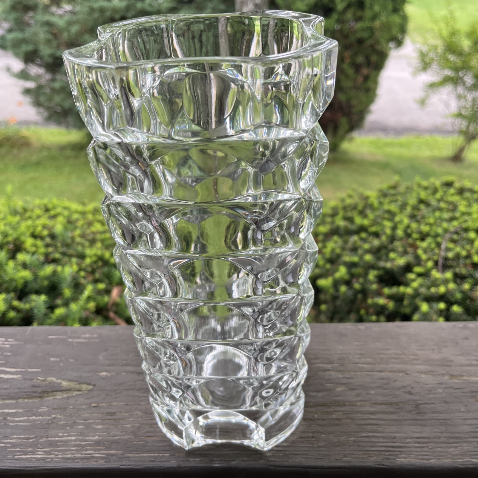 Large Vintage Cubist Geometric Art Deco Style Cut Glass Vase France 9.5”