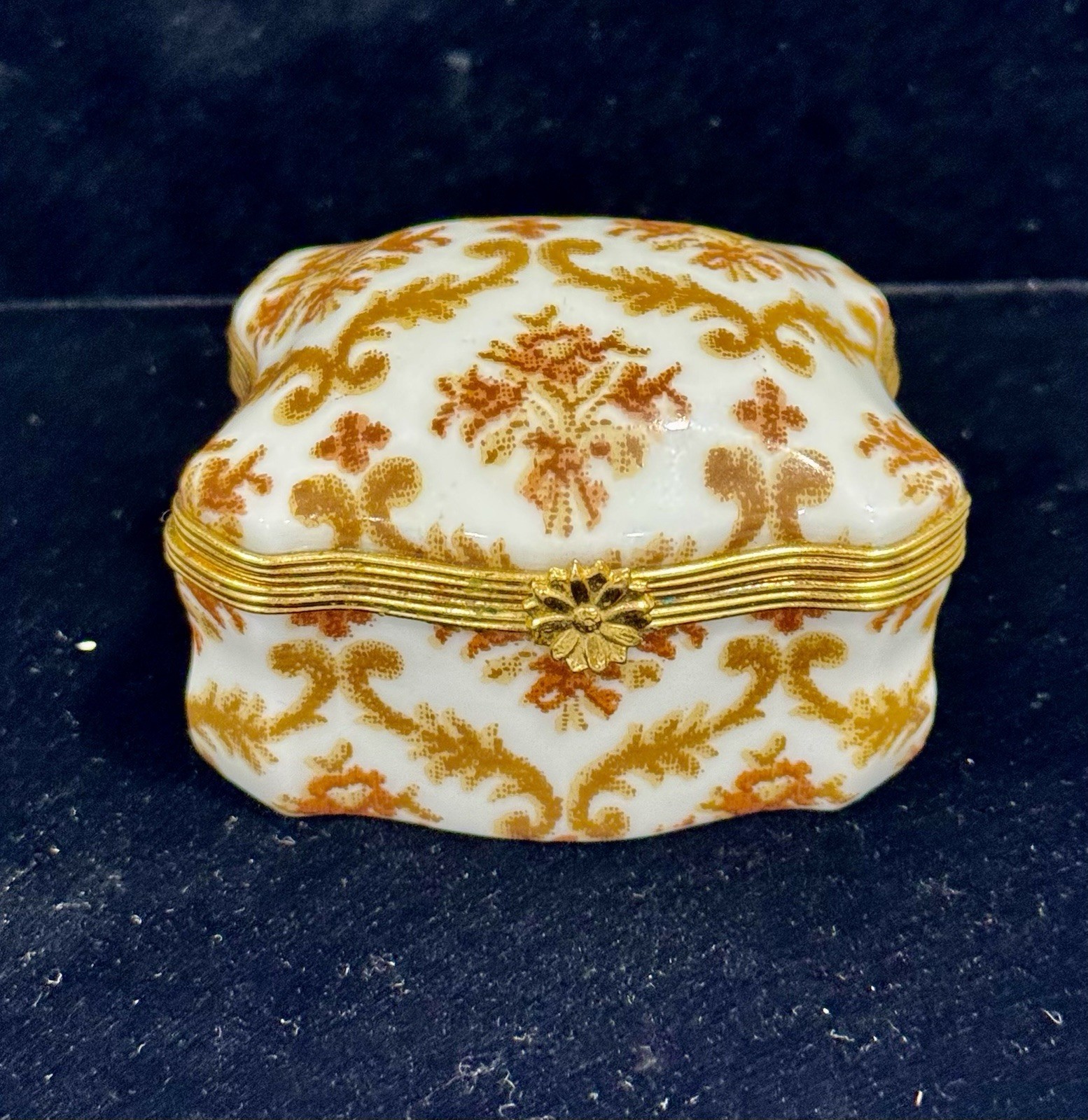 Vintage Limoges France Porcelin Trinket Box Orange Gold Floral Marcel Rochas