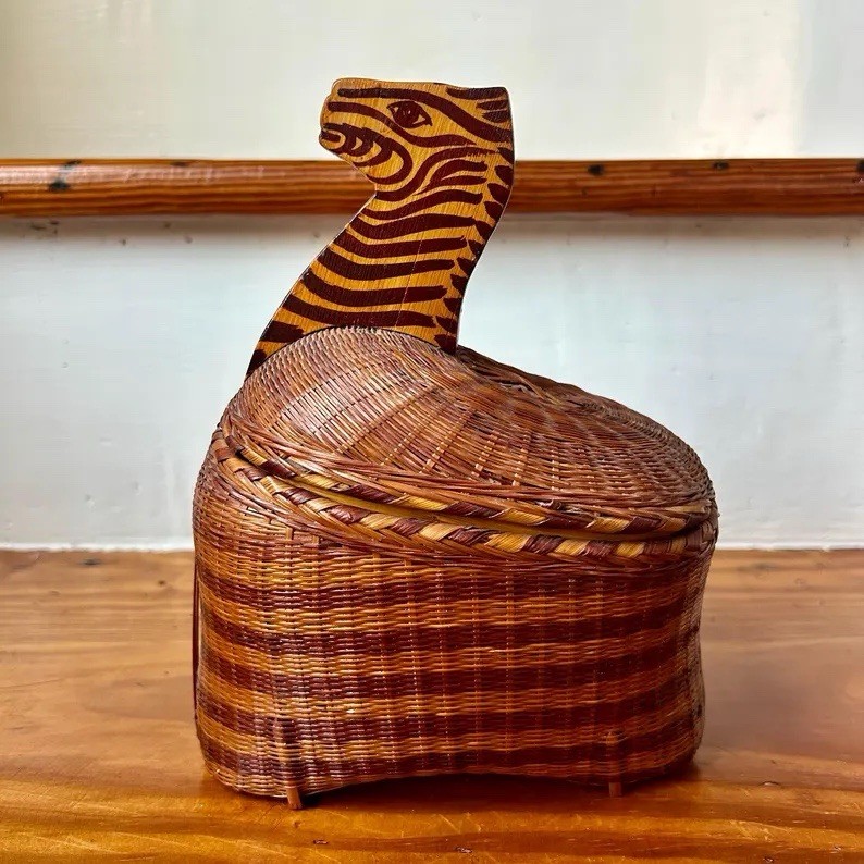 Vintage Zebra Wicker Basket Shanghai Handicrafts Two Toned Animal Rattan Box