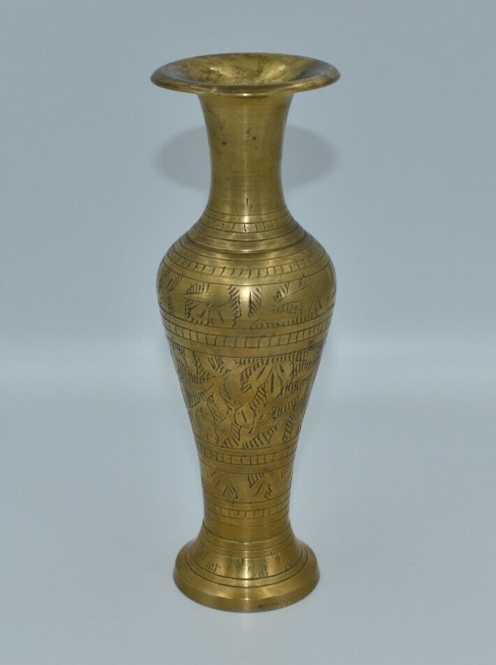 Vintage Brass Vase From India Flower Floral Engraved Tulip Footed Pedestal #2