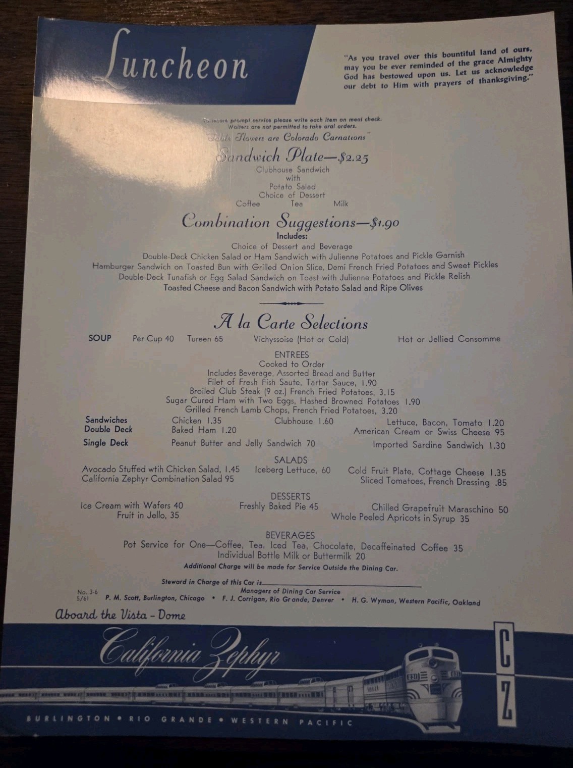 May 1961 California Zephyr Railroad Luncheon Menu No. 3-6