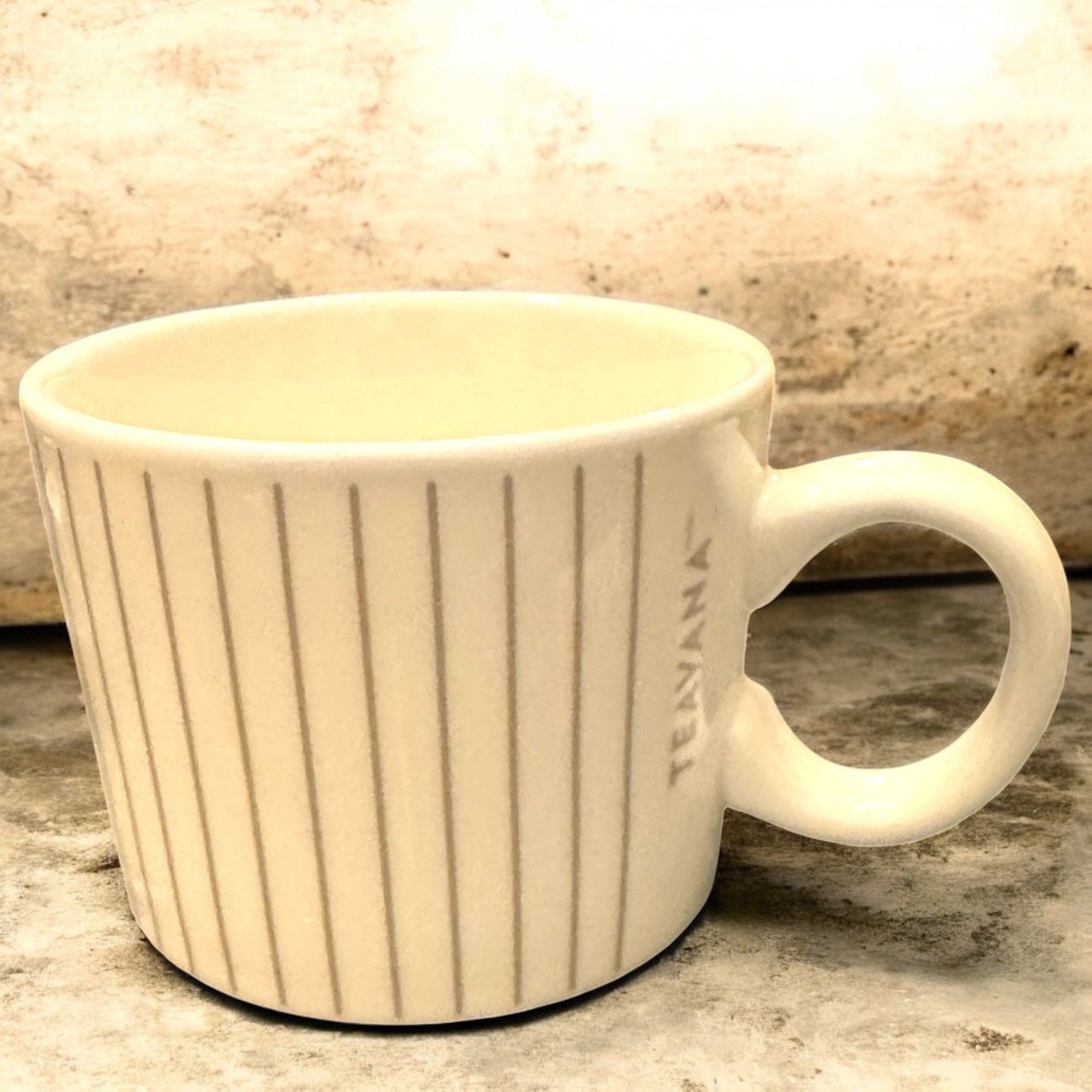 Starbucks Teavana Coffee Mug 12 oz White Gray Pinstripe Wide Mouth Brand New