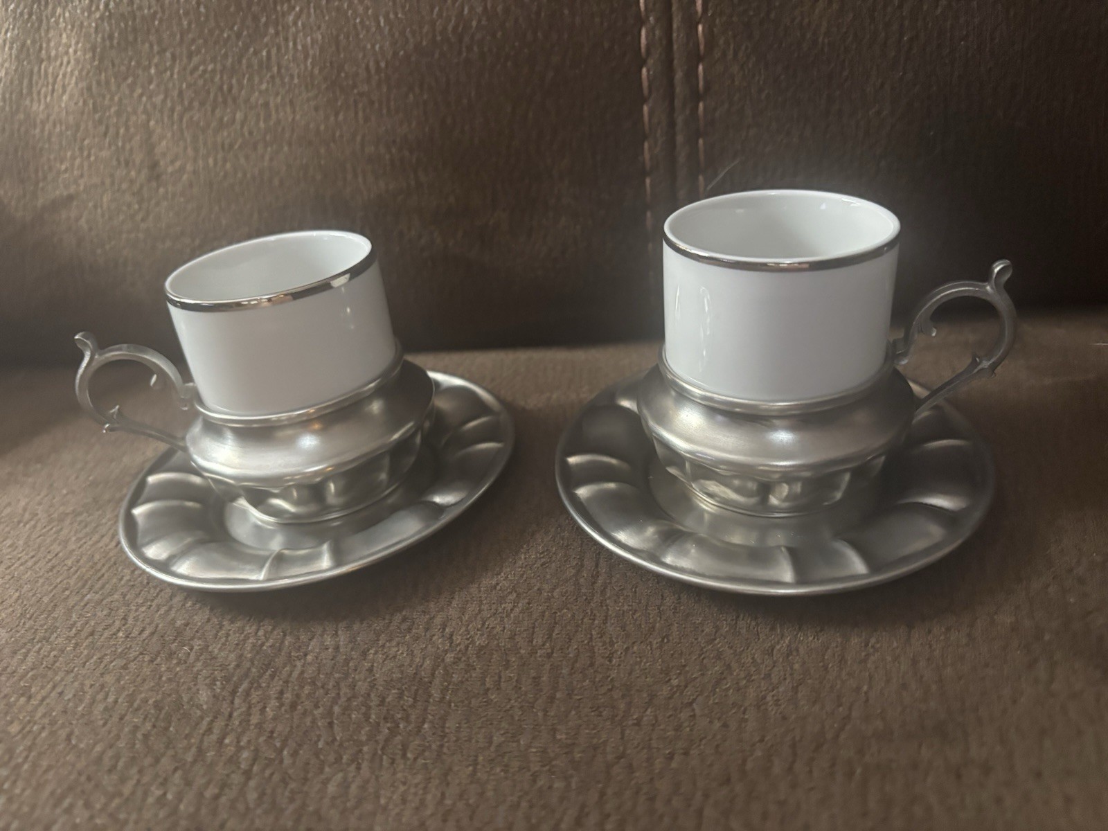 VINTAGE Monopoli Italy Demitasse Espresso Cups With Pewter Holders and Saucers