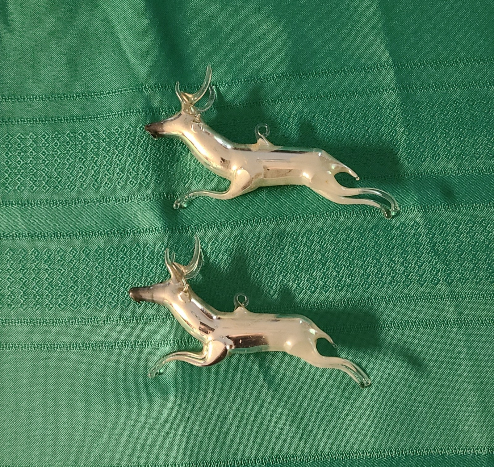 Pair Antique 1920s Bimini German Blown Mercury Glass Leaping Reindeer Ornaments Pair Antique 1920s Bimini German Blown Mercury Glass Leaping Reindeer Ornaments