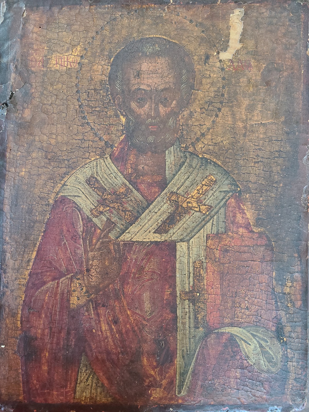 Antique Greek Ortodox hand painted icon of St. Nicholas. 17c.