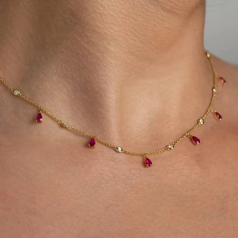 14K Yellow Gold Over Diamond And Ruby By The Yard Dangling Station Necklace 18\