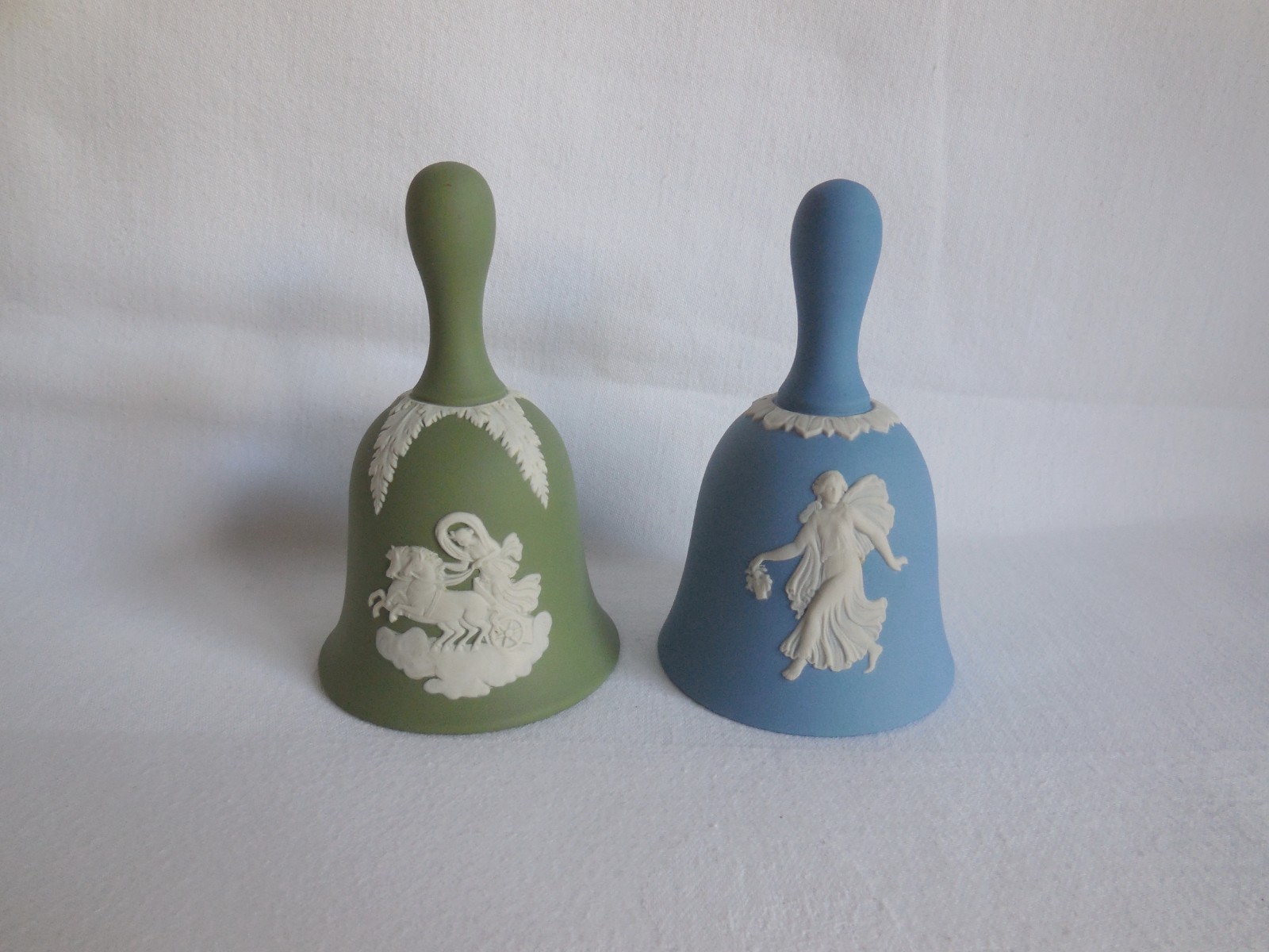 Two Wedgwood Jasperware Bells - Sage Green Aurora Pegasus & Blue Floral Girl Two Wedgwood Jasperware Bells - Sage Green Aurora Pegasus & Blue Floral Girl