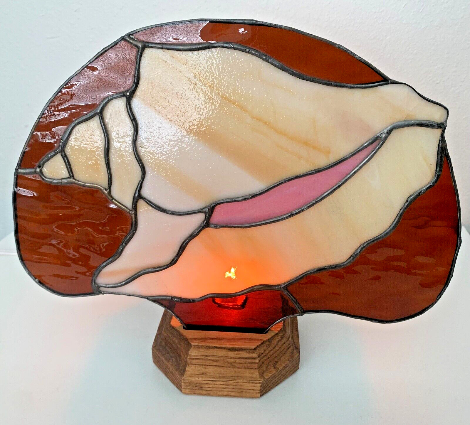 Seashell Stained Glass Night Light Lamp With Wood Base Stand