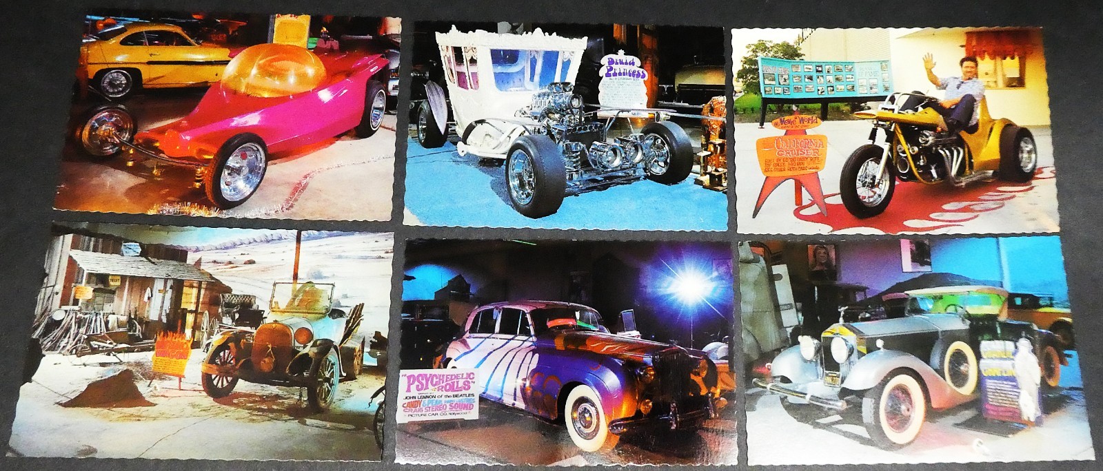 SIX VINTAGE MOVIE WORLD CAR\'S OF THE STARS FAMOUS CUSTOM CAR POSTCARDS MINT COND
