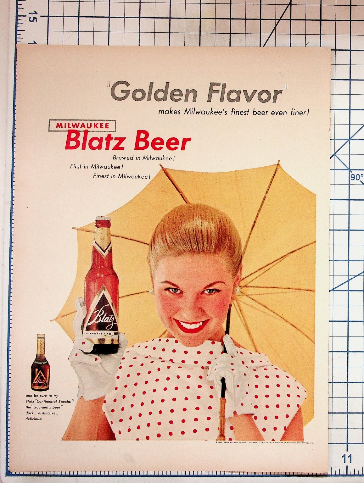 Vintage 1958 Blatz Beer Ad Milwaukee Woman Umbrella Mid-Century Ephemera Vintage 1958 Blatz Beer Ad Milwaukee Woman Umbrella Mid-Century Ephemera