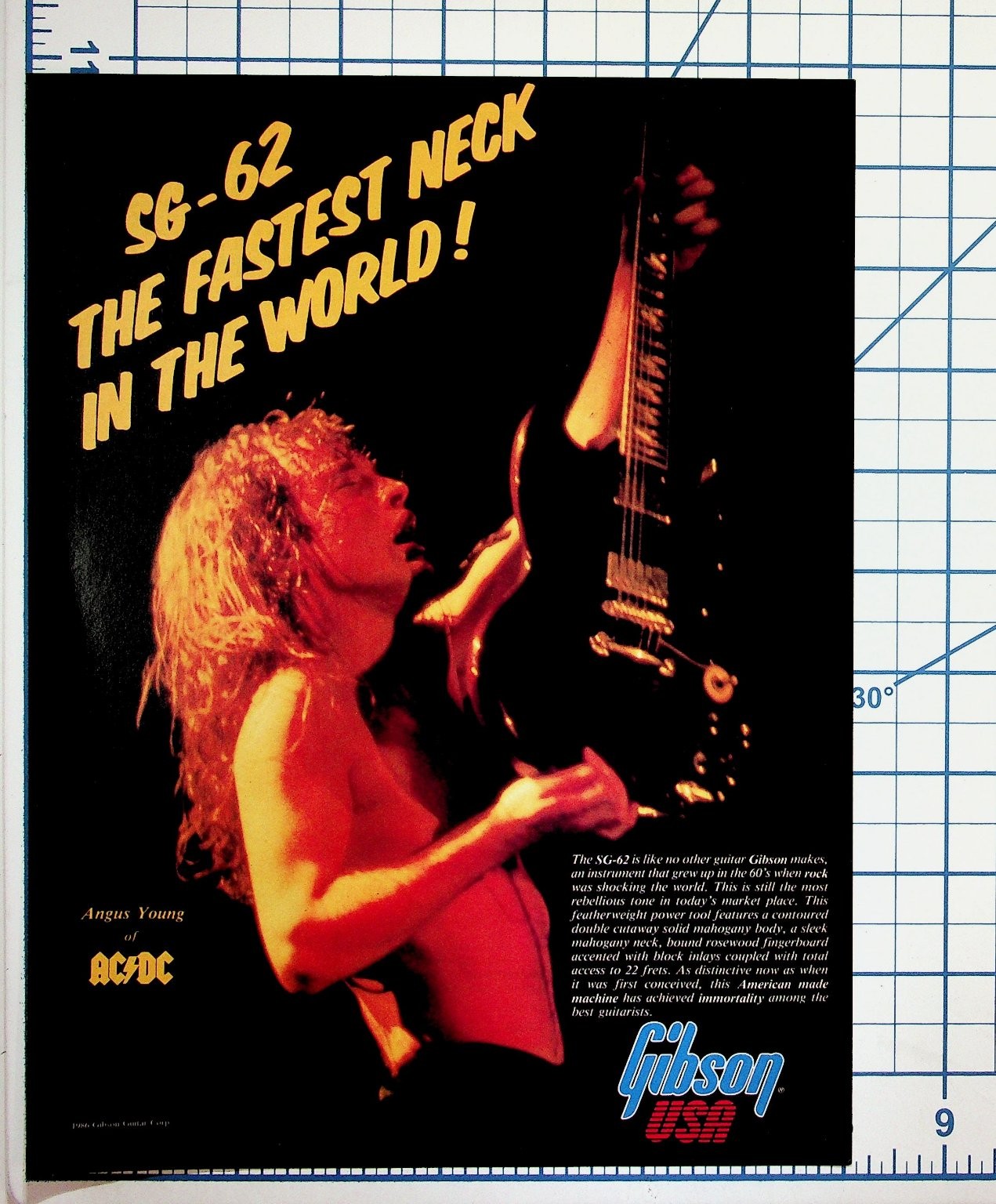 1986 Gibson SG-62 Guitar Ad Angus Young AC/DC The Fastest Neck In The World 1986 Gibson SG-62 Guitar Ad Angus Young AC/DC The Fastest Neck In The World