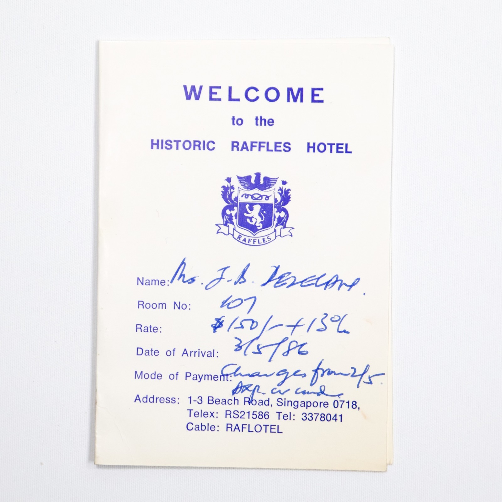 Vintage Historic Raffles Hotel Welcome Card 1986 Information Booklet Cardboard