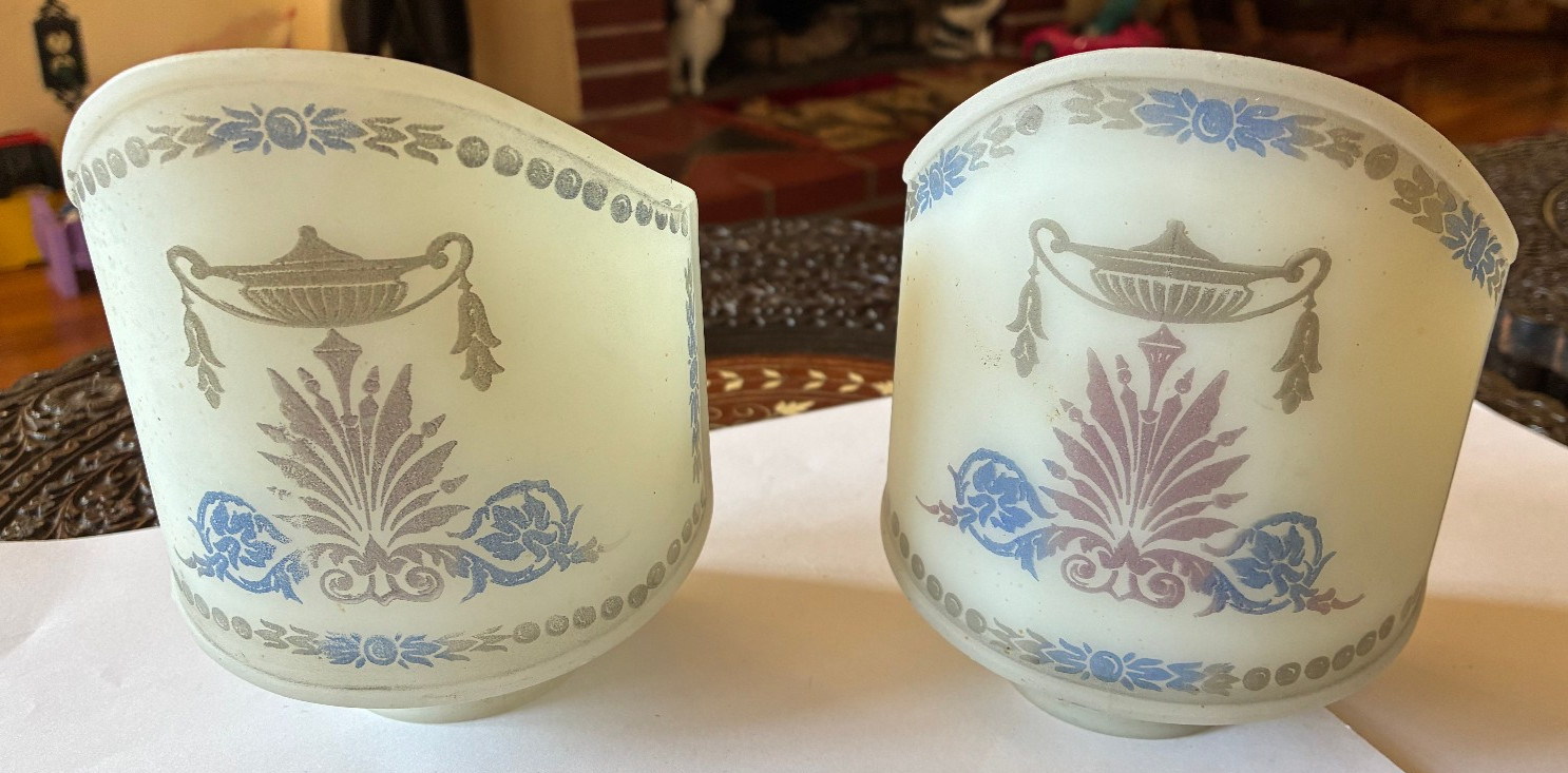Pr Small Vintage Frosted Glass Shades w Urn Design Lilac Lt Blue Beige 5.5 Pr Small Vintage Frosted Glass Shades w Urn Design Lilac Lt Blue Beige 5.5