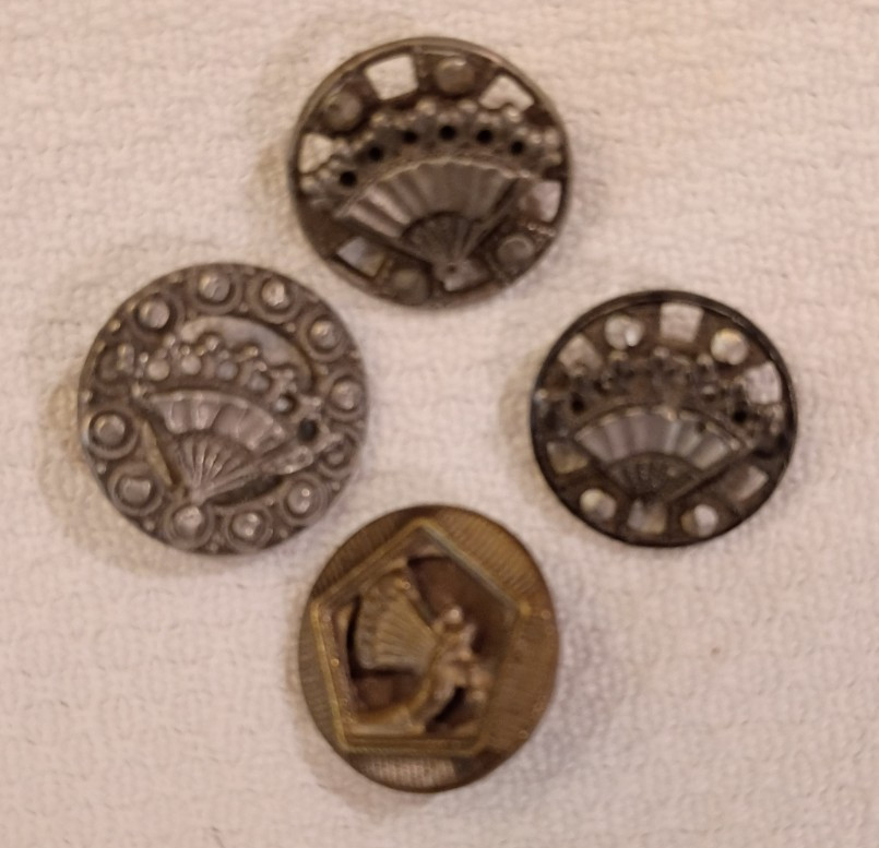Vintage Antique Metal Picture Buttons-4 Fan buttons- Hand with Fan etc.