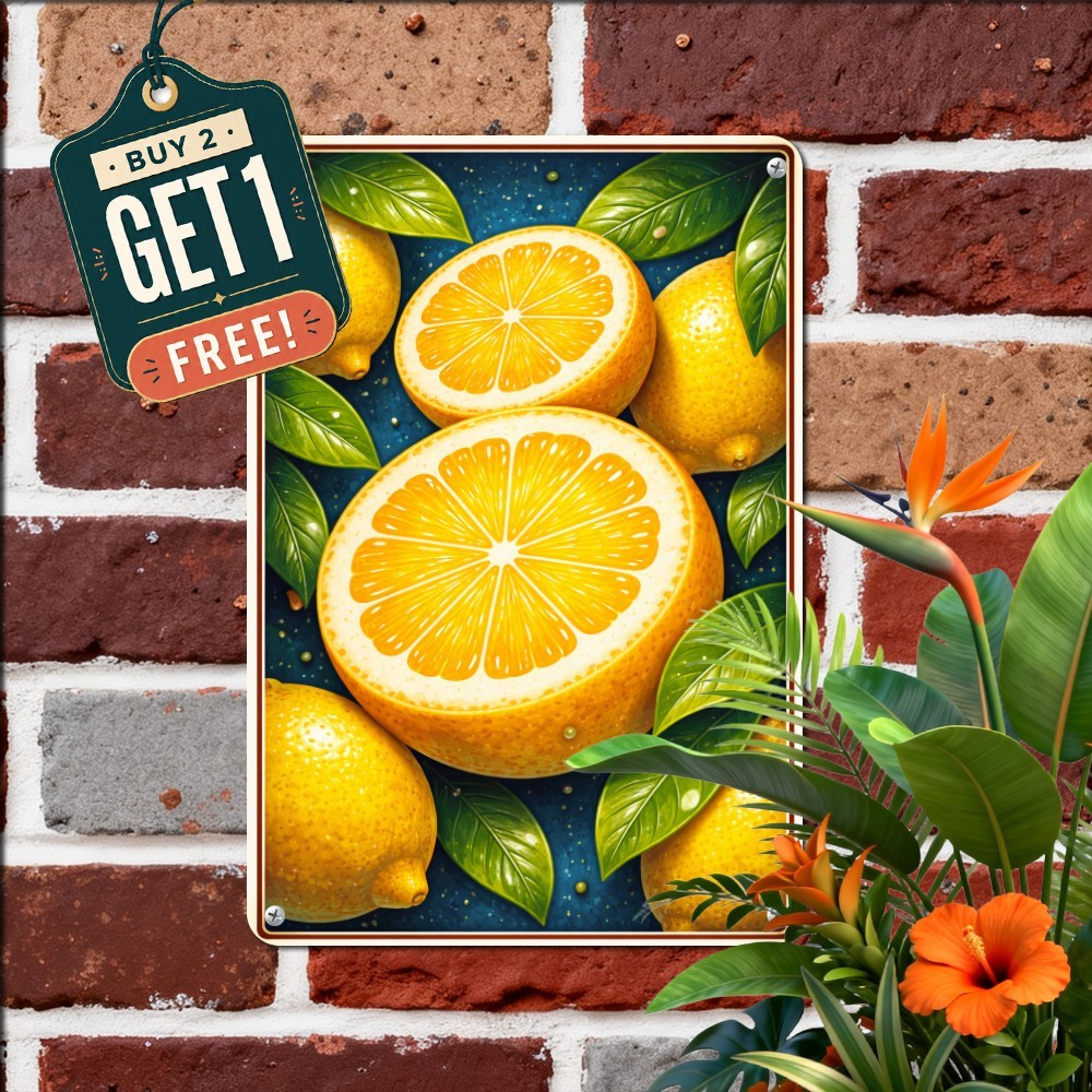 Sun Kissed Yellow Lemon Citrus Fruit Kitchen Market Retro Metal Tin Sign 8x12
