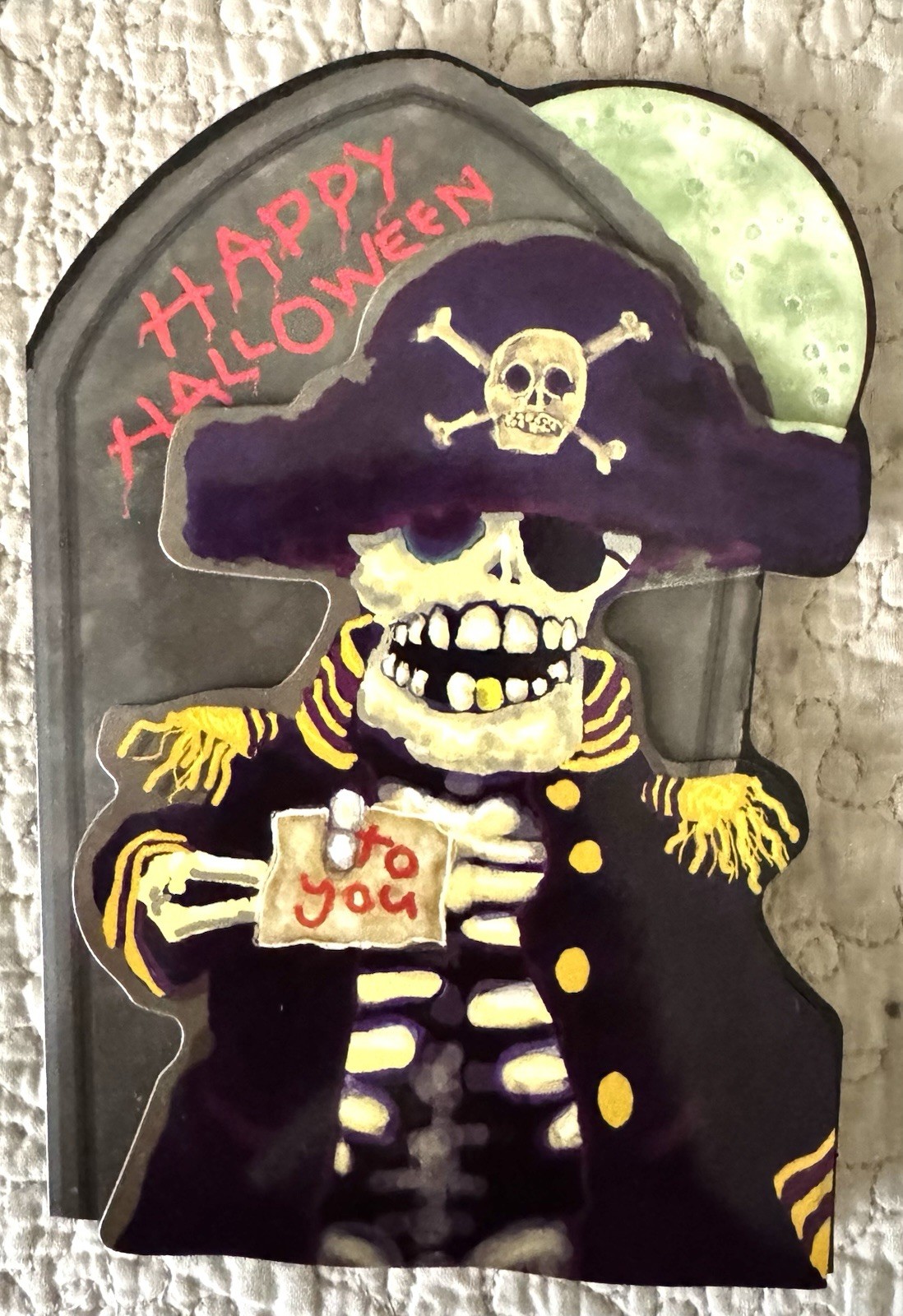 Unused Halloween Skeleton Pirate 3D Raised Vintage Greeting Card 1990s England