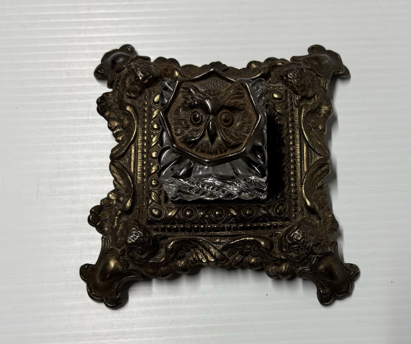 H. L. Judd Manufacturing Co.  Owl Inkstand, Glass Insert Inkwell & Owl Lid #4477