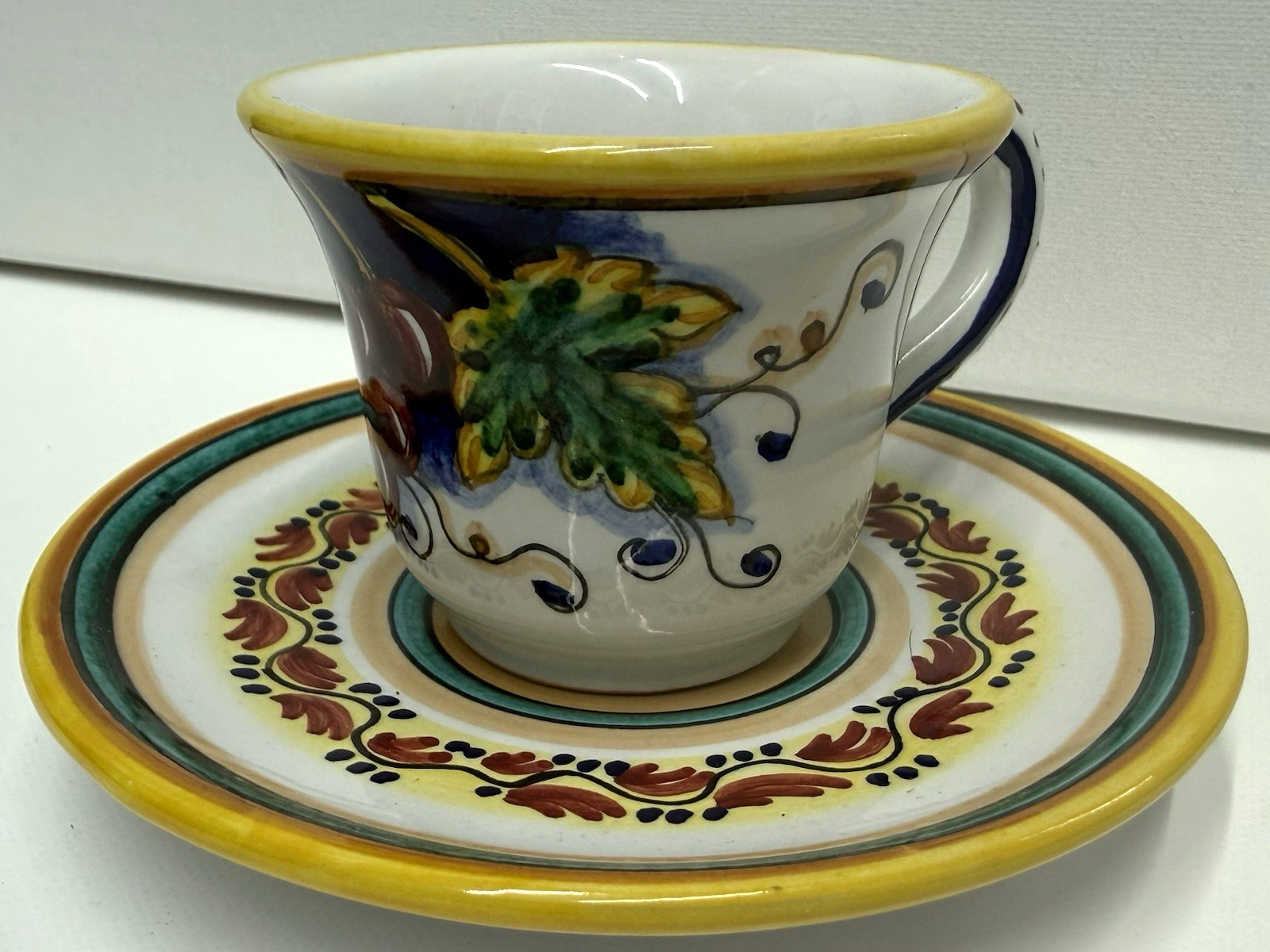 Artistica Deruta Italy Handpainted Grapes Espresso Demitasse Cup Saucer Majolica