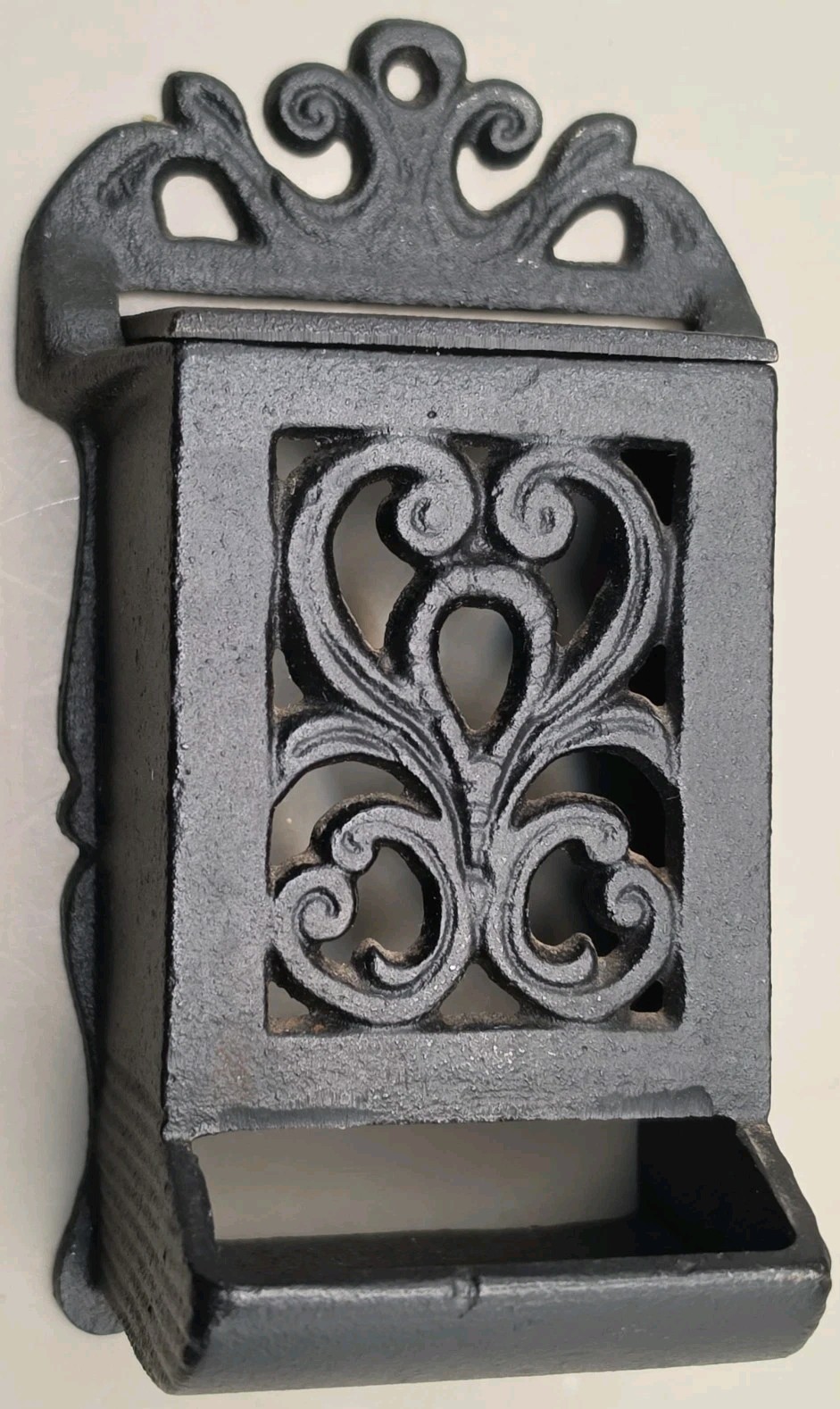 Antique John Wright JW Match Holder Cast Iron Wall Mount Late 1800s Scrollwork