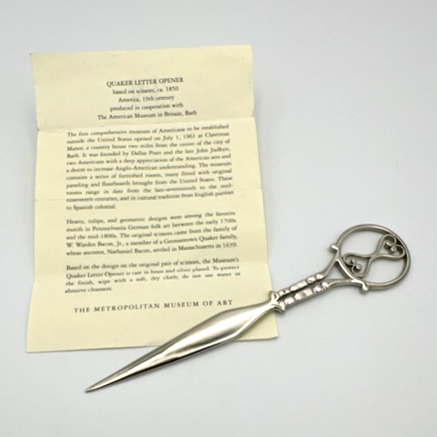 Metropolitan Museum of Art Quaker Letter Opener Paper Knife Silver Plated Brass