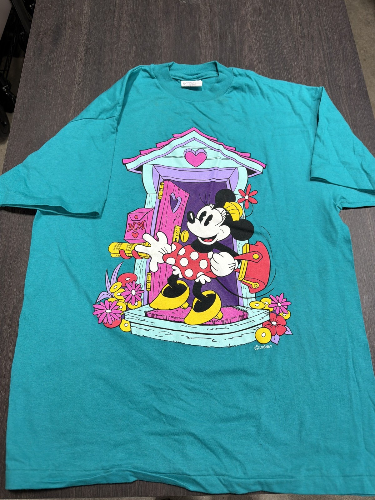 Vintage Disney Minnie Mouse Front Door T-Shirt Teal Hanes Beefy-T Made in USA L