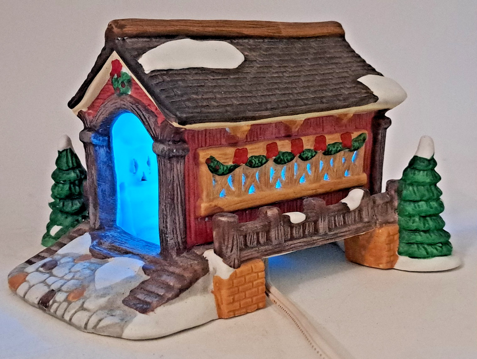 Porcelain Christmas Village Electric Red Covered Bridge 8\ Porcelain Christmas Village Electric Red Covered Bridge 8\