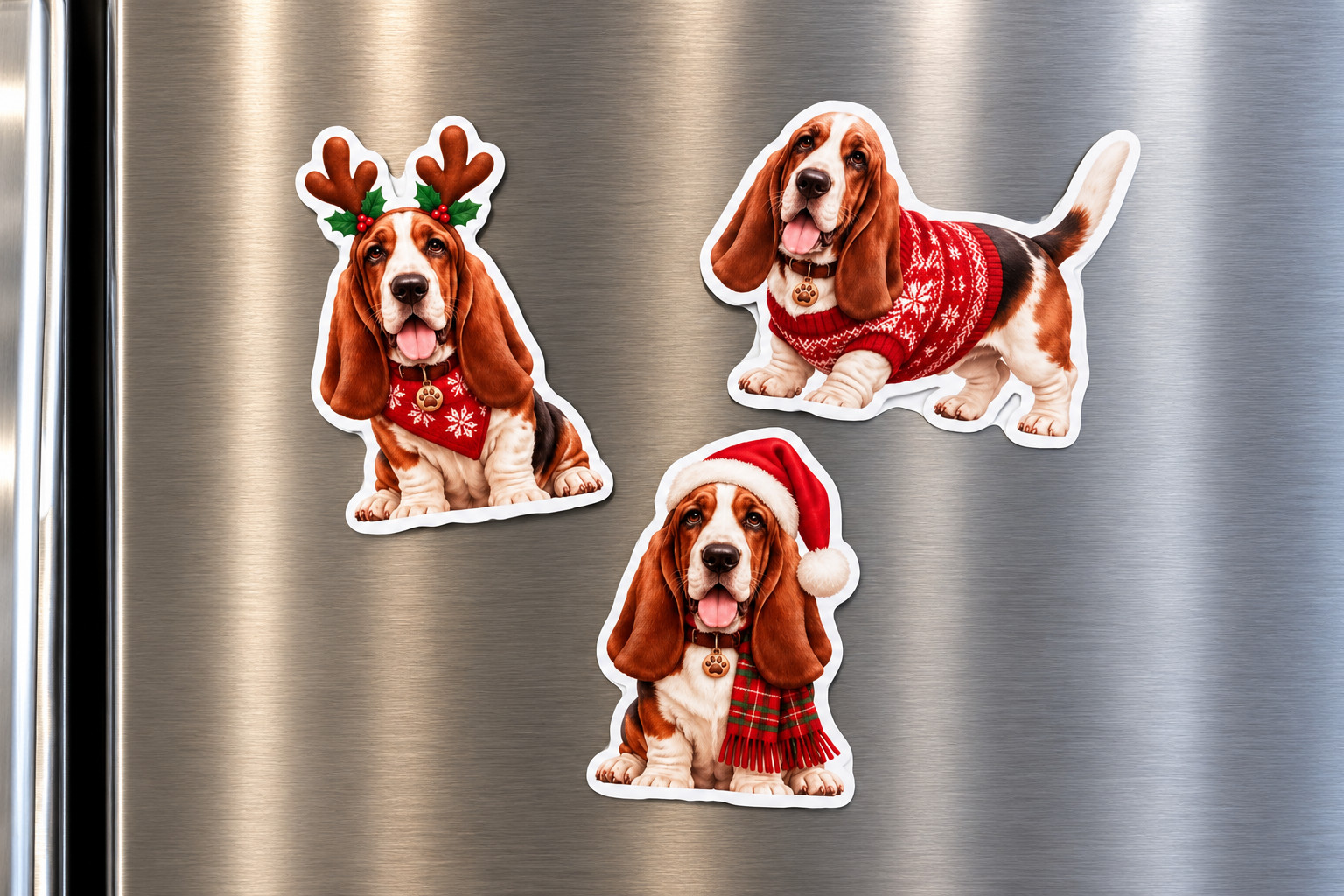 3 Basset Hound Christmas Fridge Magnets Holiday Puppy Dog Refrigerator Decor