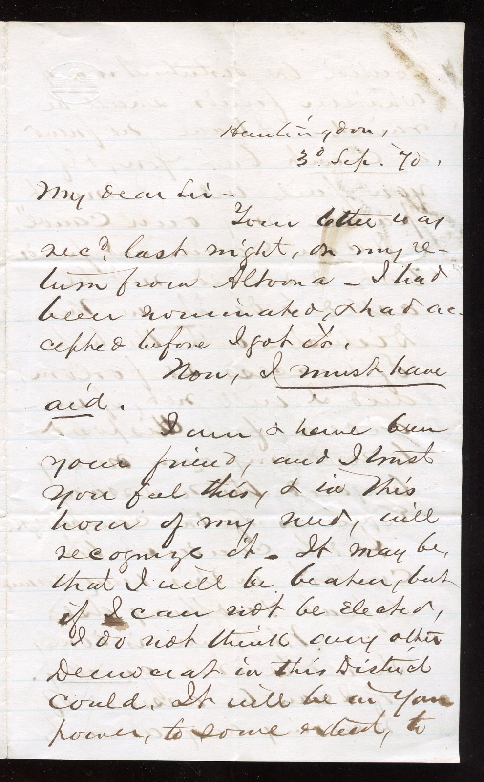 RARE, Fine 1870 Political Letter PA Congressman RICHARD M. SPEER Needs Money