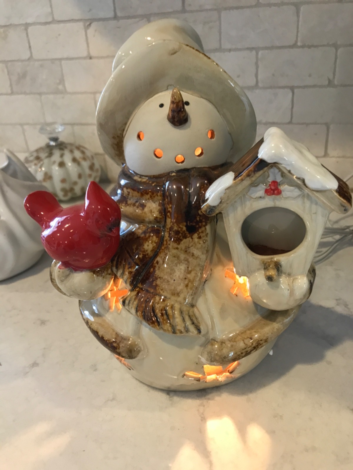 VTG Kirklands Woodland Collection Ceramic Snowman Light Cardinal Birdhouse VTG Kirklands Woodland Collection Ceramic Snowman Light Cardinal Birdhouse
