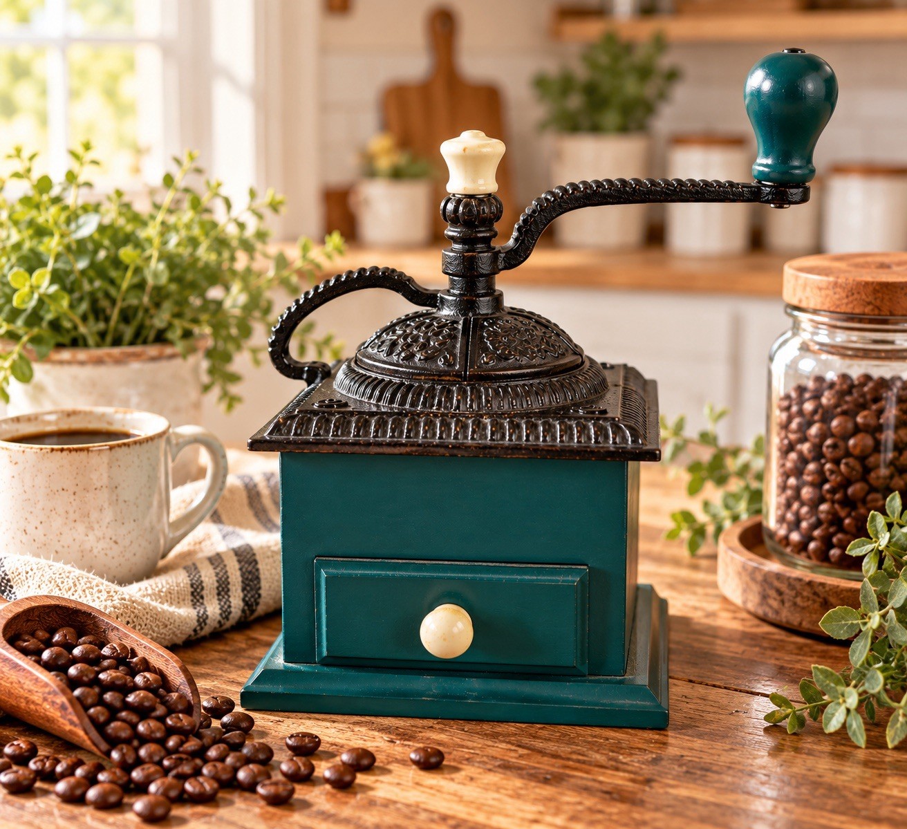 Vintage Upper Deck Manual Coffee Grinder Hand Crank Green Wood Drawer Working