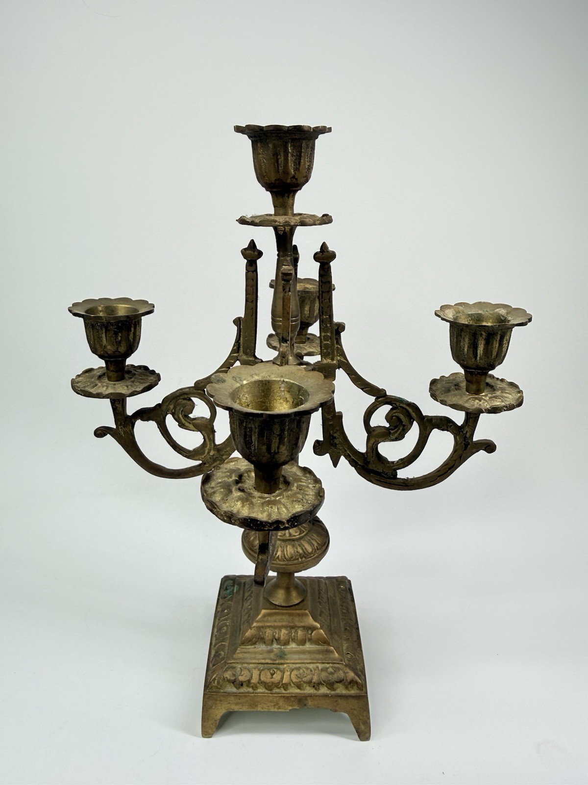 Antique Style Brass Candelabra 5 Moveable Arms 11” Tall Patina French Style