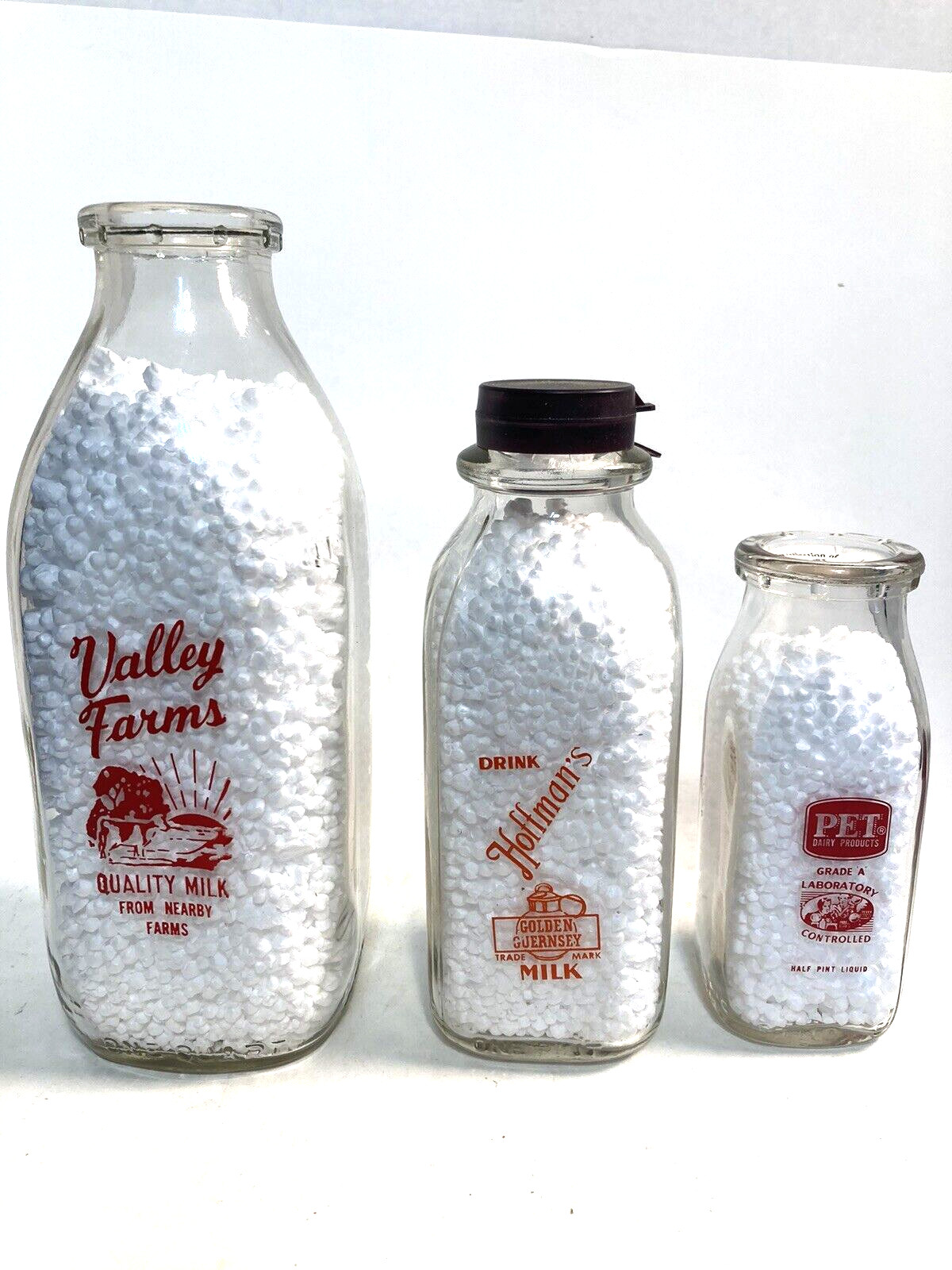Cloverland Dairy, Mid Valley Dairy, Evans Dairy, Milk Bottles, cow, quart. pint