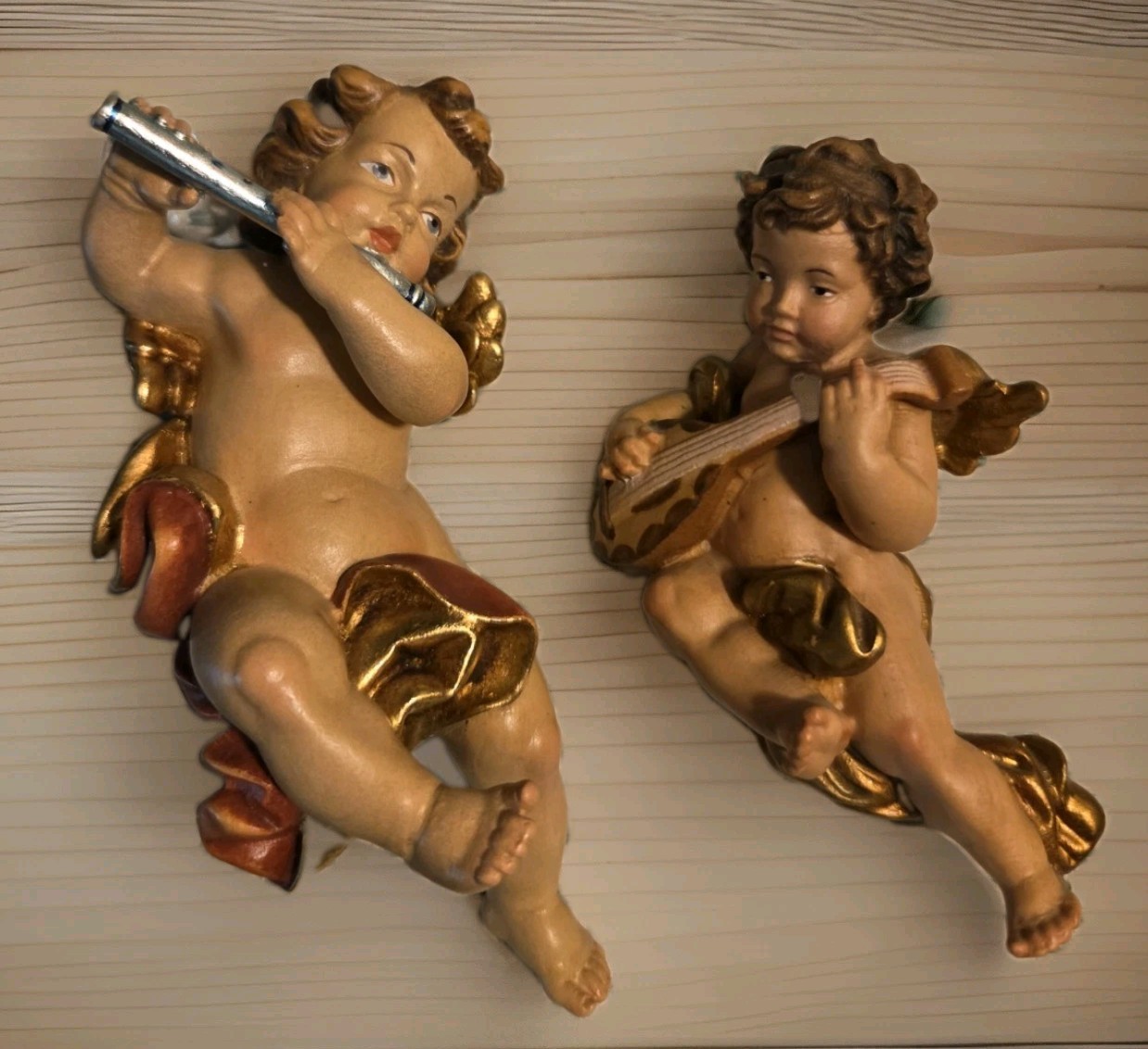 Antique Carved Wood Baroque Italian Cherub Putti with Mandolin & angel Flute Antique Carved Wood Baroque Italian Cherub Putti with Mandolin & angel Flute