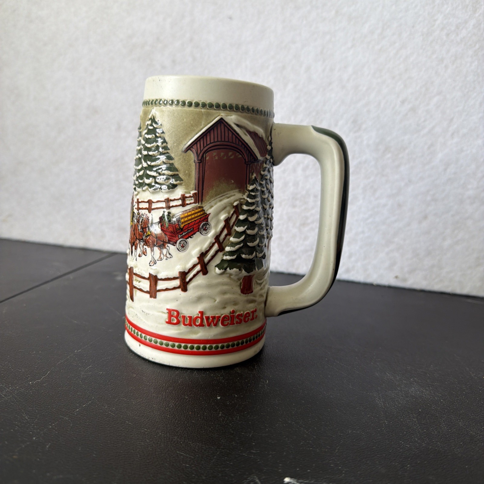 Vintage 1984 Budweiser Beer Stein Mug Clydesdales Christmas Covered Bridge