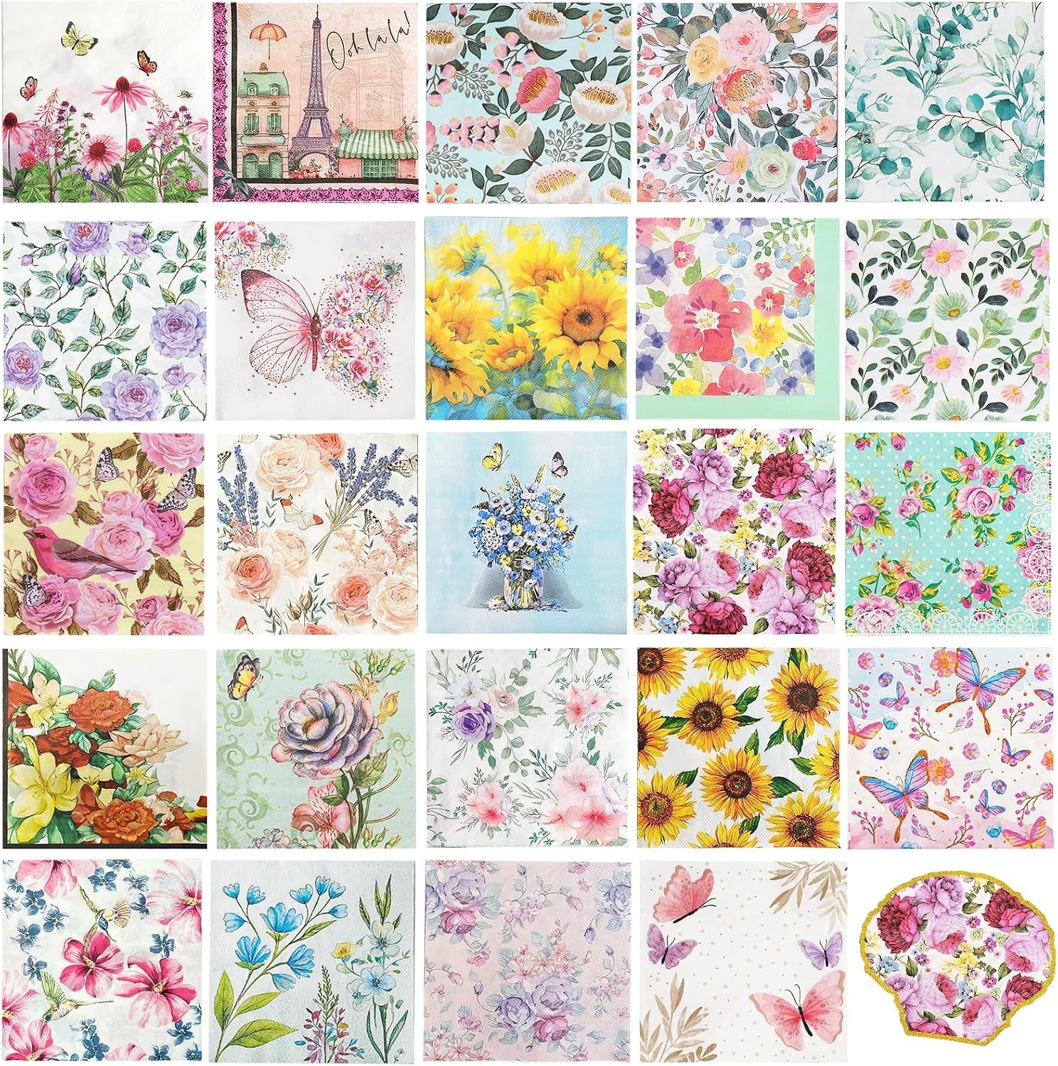 24 Styles Vintage Floral Napkins for Crafting, 24 Pack Decoupage Napkins 24 Styles Vintage Floral Napkins for Crafting, 24 Pack Decoupage Napkins