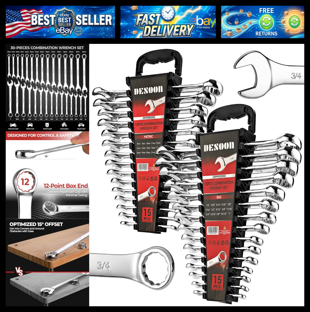 SAE Metric Combination Wrench Set 30-piece Metric Standard Wrench Set with Organ