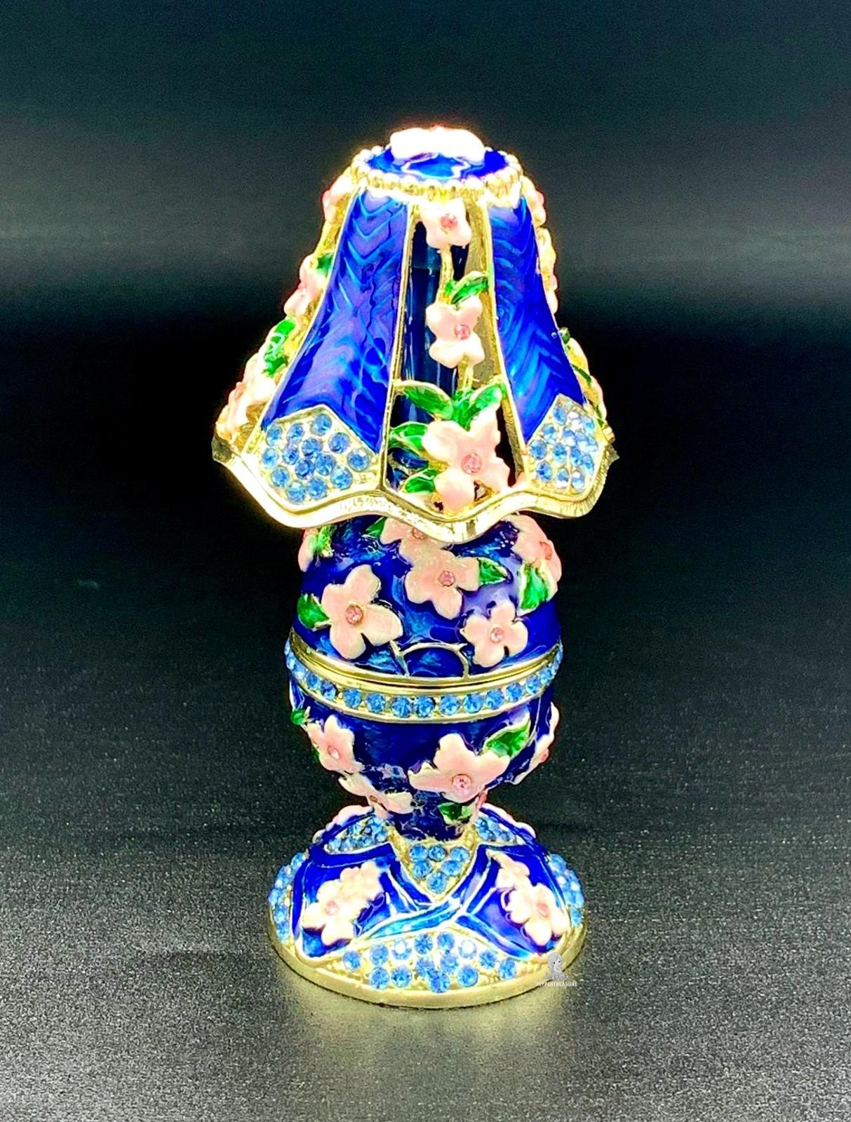 Blue Table Lamp Trinket Box Floral Enamel Rhinestone Gold Tone Keepsake