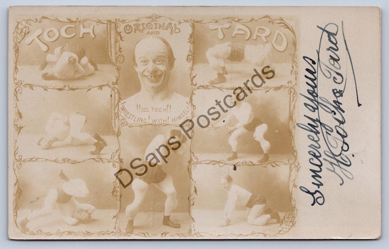K64/ Interesting RPPC Postcard c1910 Wrestler Self Toch Tard Autograph 208
