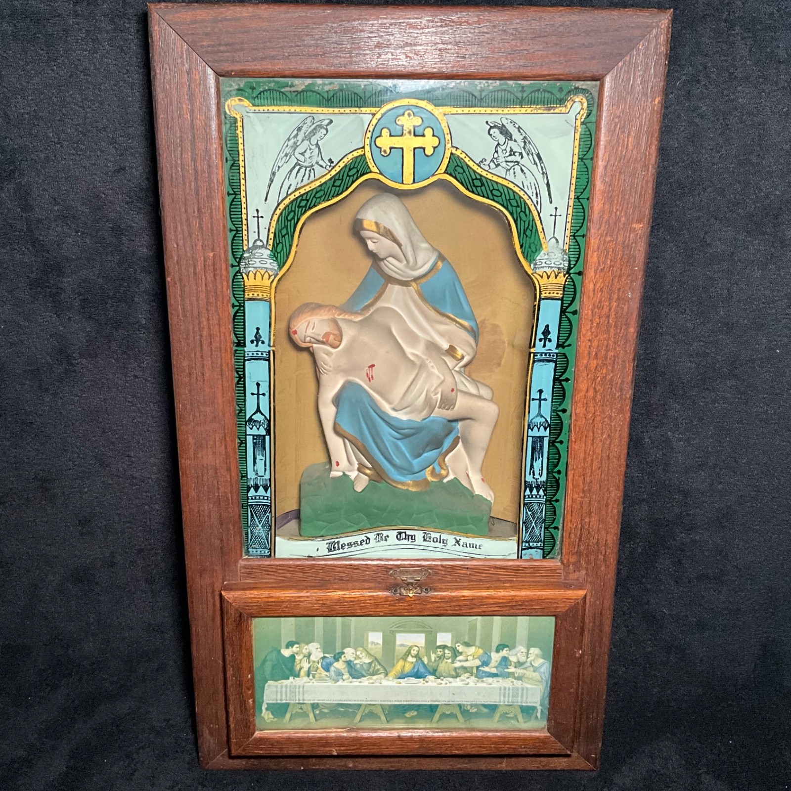 Antique-Catholic Altar Shrine Shadow Box w/Ceramic Virgin Mary & Jesus 23”-READ