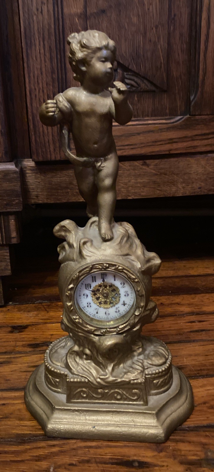 New Haven Clock Cherub Ornate Victorian Brass Shelf Mantle Clock Porcelain Face