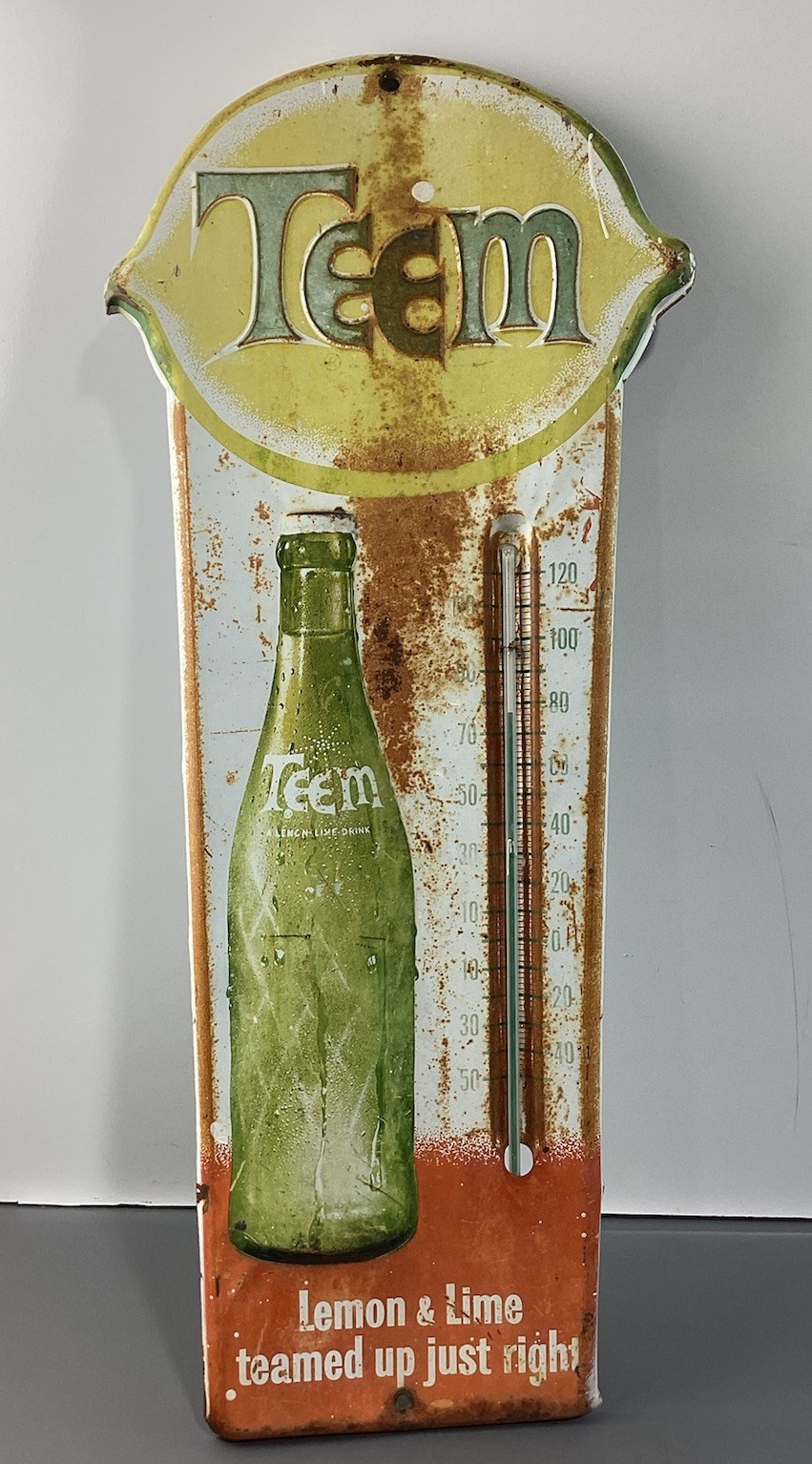 Vintage TEEM Soda Advertising Tin Embossed Wall Thermometer 28\ Vintage TEEM Soda Advertising Tin Embossed Wall Thermometer 28\