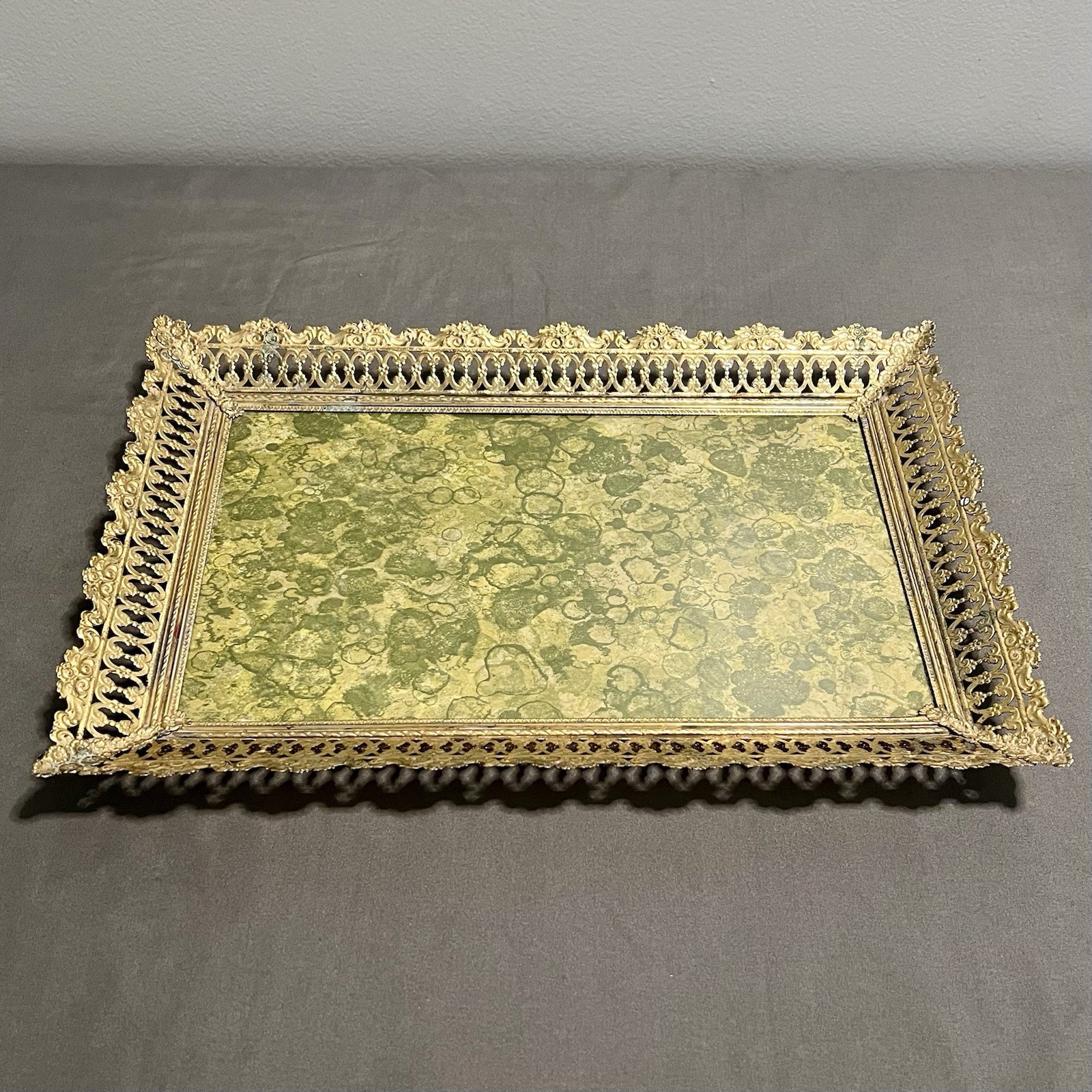 VTG Ornate Gold Tone Filigree Mirrored Vanity Tray Hollywood Regency Rare