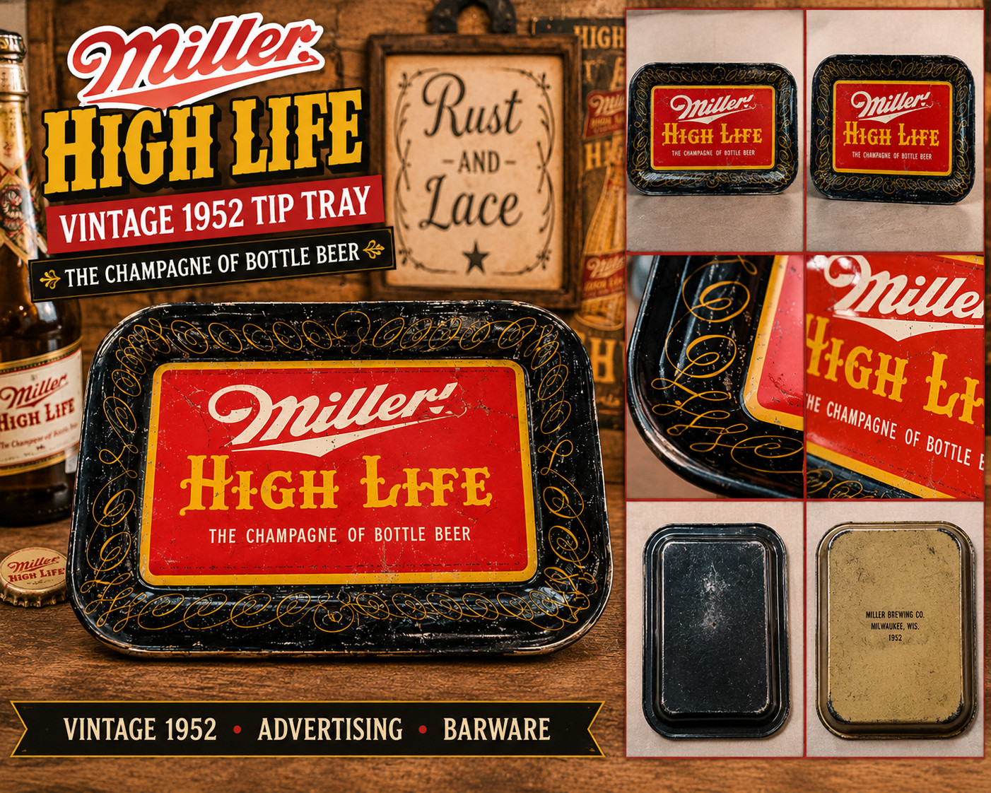 Vintage 1952 Miller High Life Beer Advertising Metal Tip Tray Barware