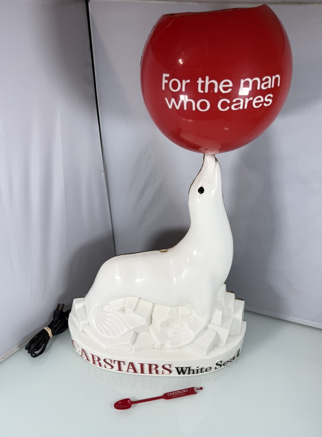 Vintage Carstairs White Seal Whiskey 23” Lighted Store Display Statue w/ Stirrer