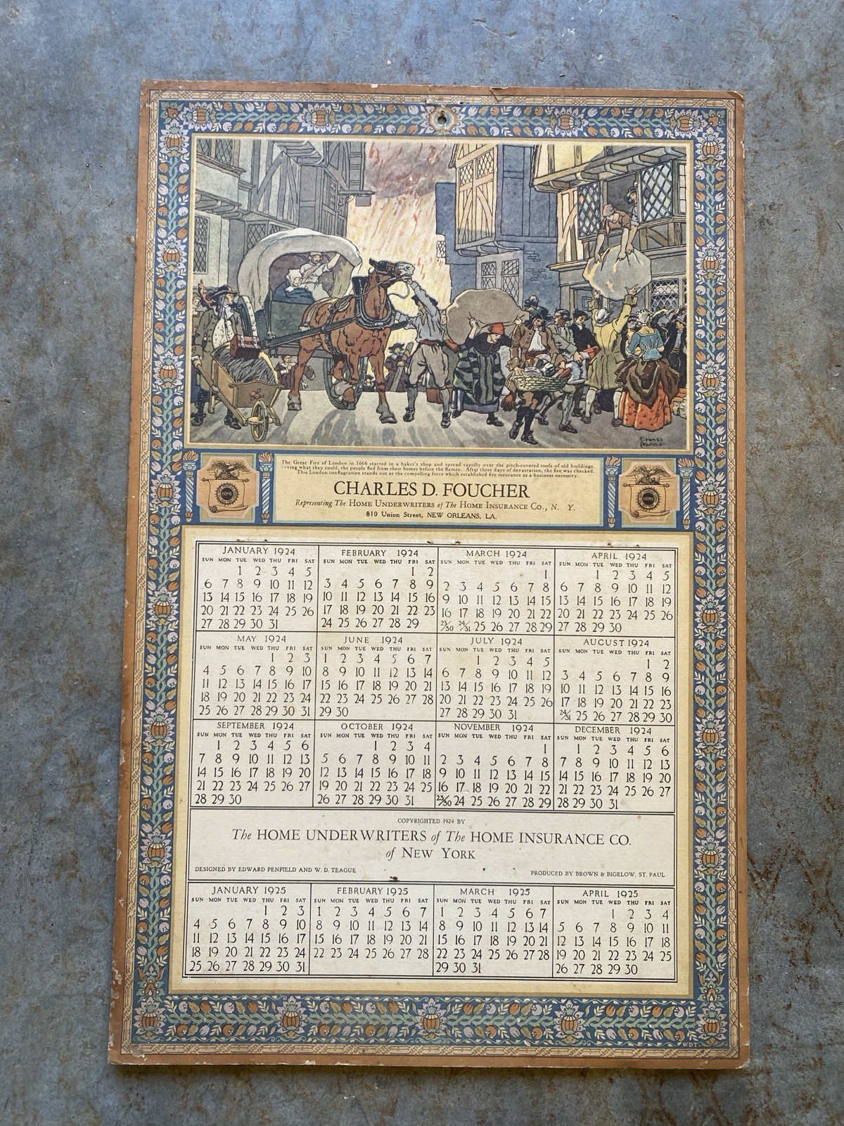 Antique 1924 New Orleans Insurance Calendar Edward Penfield Foucher London Fire