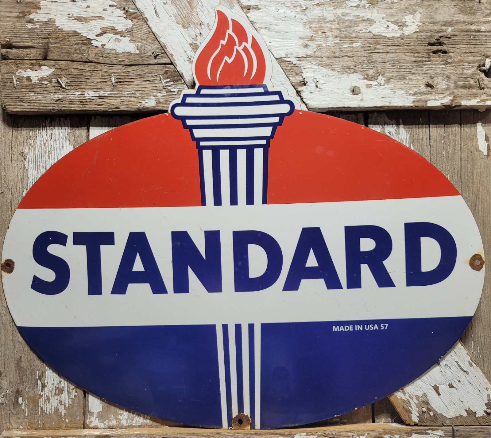 VINTAGE STANDARD PORCELAIN SIGN RARE OLD 1957 GAS STATION TORCH AMOCO USA GARAGE