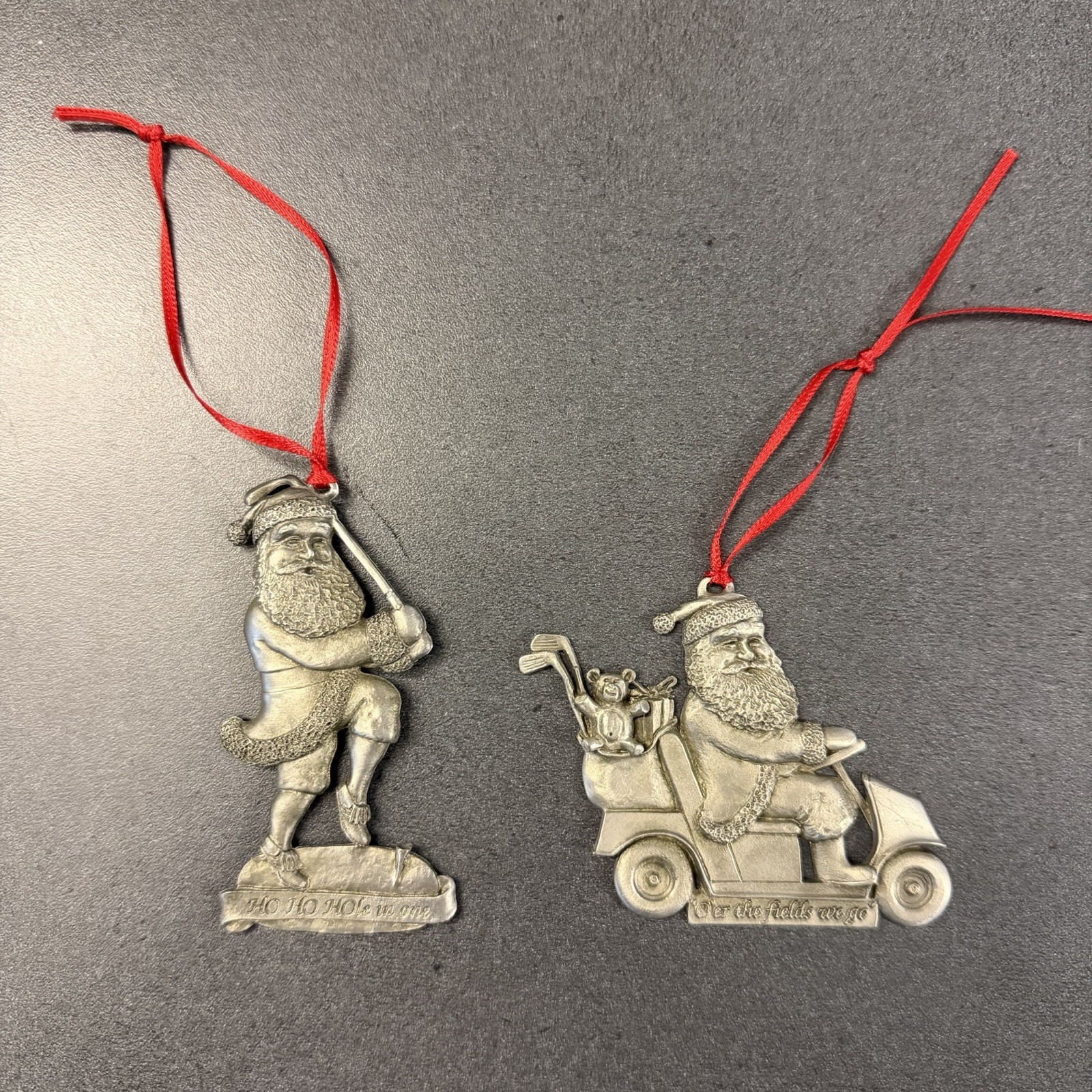 Vintage 91/92 Reichert Studios WI Pewter Christmas Ornament x2 Santa Golf